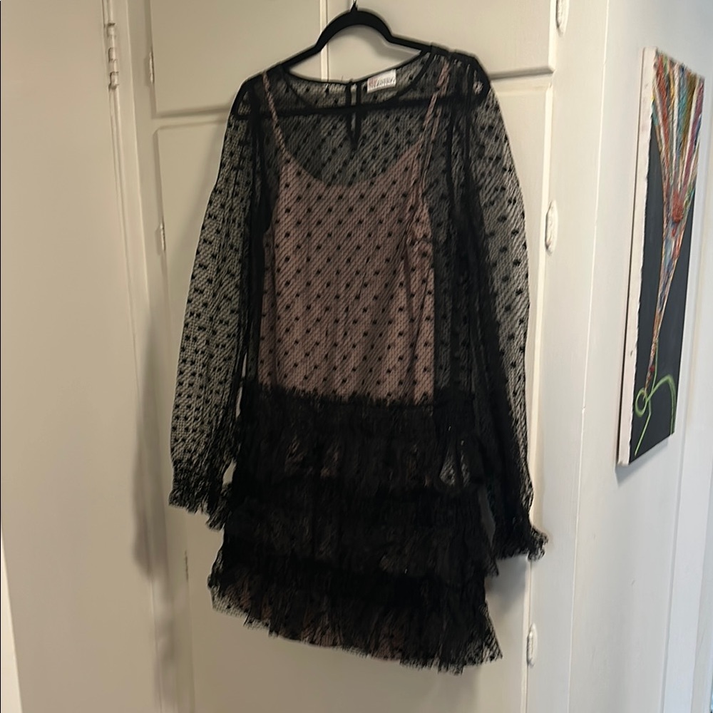 RED Valentino Sheer Black and Soft Pink Long Sleeve Dress